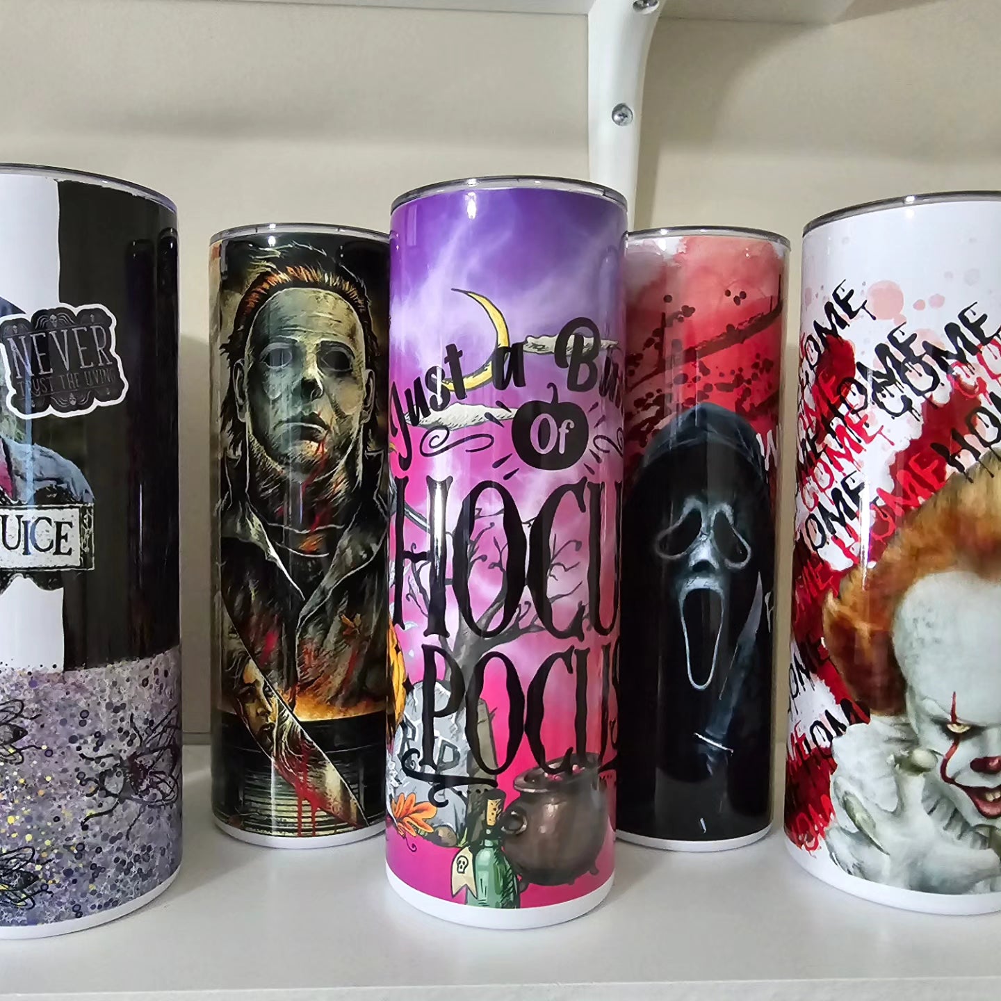 Halloween Spooky sublimation tumblers Ghostface, Michael Myers, pennywise, beetlejuice, jigsaw, chucky, hocus pocus