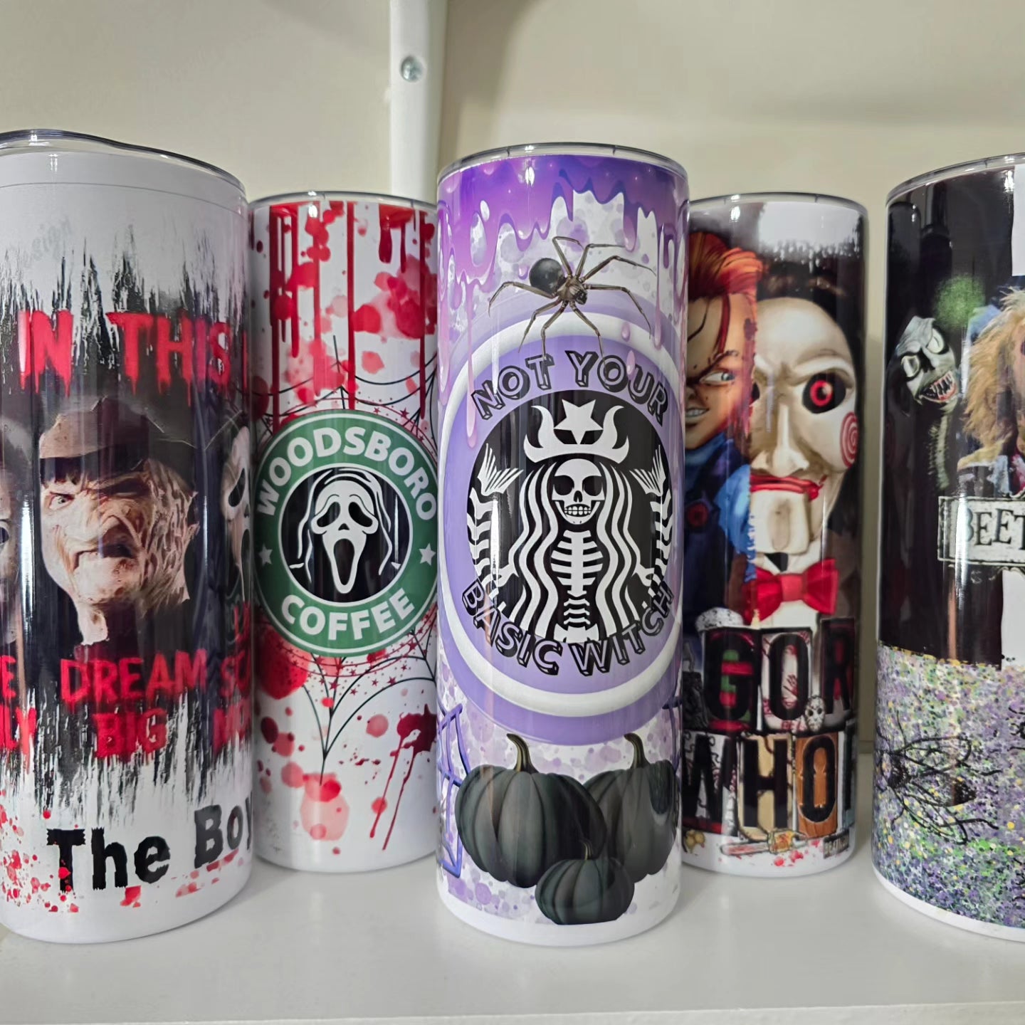 Halloween Spooky sublimation tumblers Ghostface, Michael Myers, pennywise, beetlejuice, jigsaw, chucky, hocus pocus